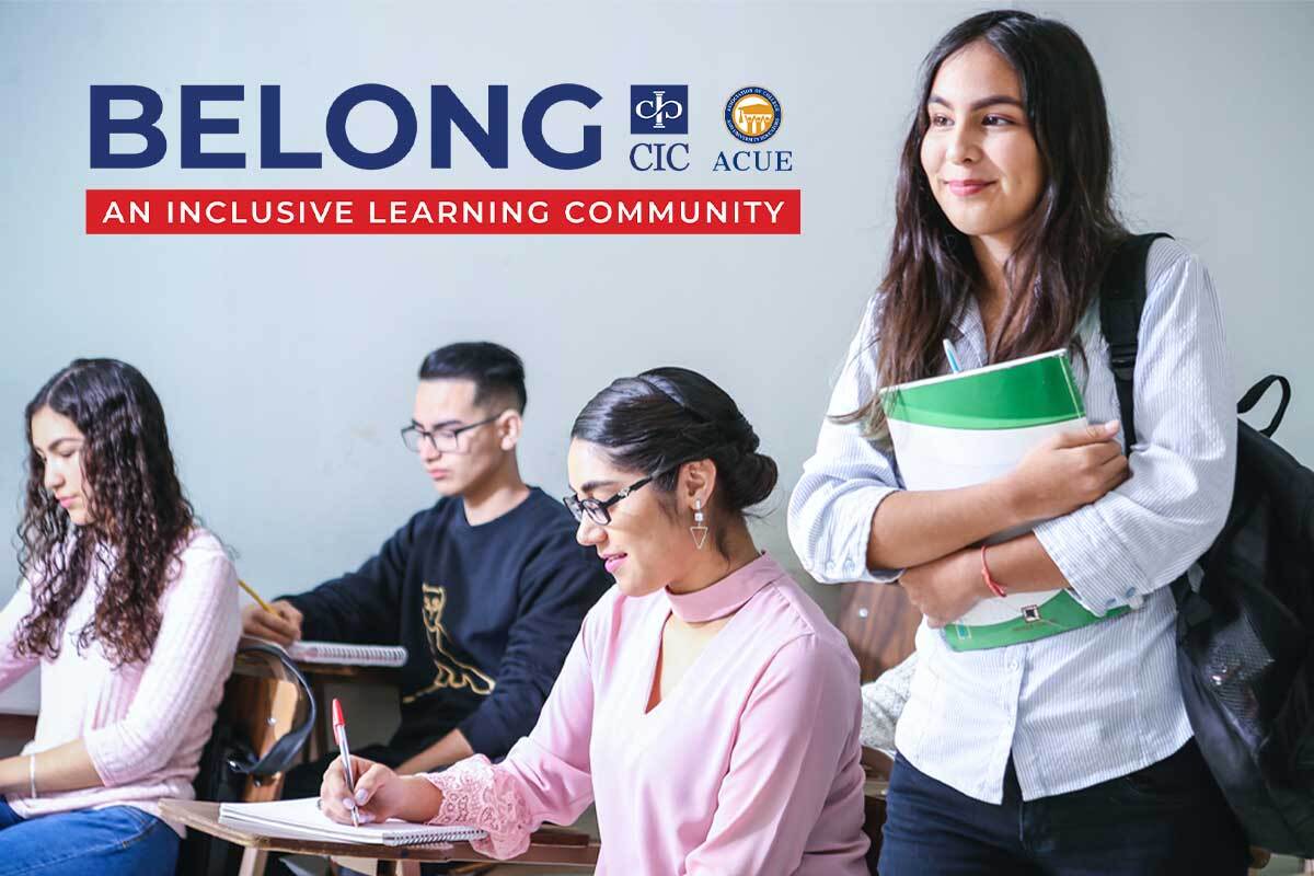 A smiling student standing in a classroom holding books, next to graphic text "Belong: An Inclusive Learning Community"